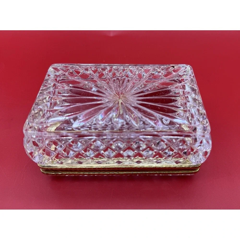 Baccarat StyleFrench Diamond Cut Crystal Jewelry Casket Brass Hinged Trinket Box